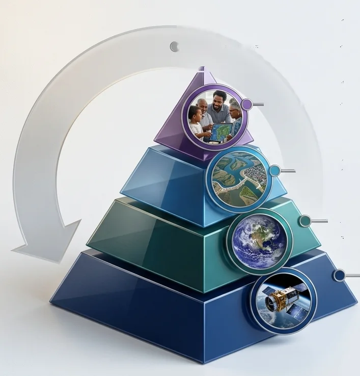 A four-tier pyramid showing how observations become knowledge, with a cycle arrow returning from the top back to the base.