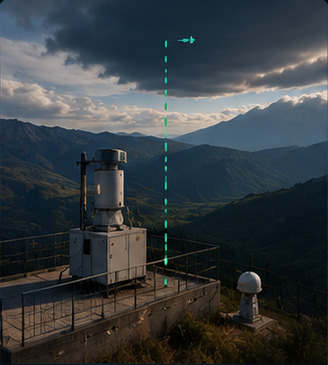 A ground station on a mountain ridge, the overpass track marked vertically above it.