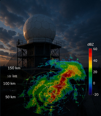 A radar tower under its dome, with a colour-coded sweep out to 150 kilometres laid over it.