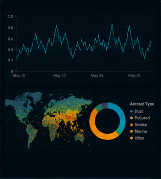 A time series, a global map and an aerosol-type ring chart, laid out as exported figures.