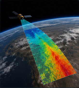 A satellite in orbit with its measurement swath drawn unbroken across the Earth below.
