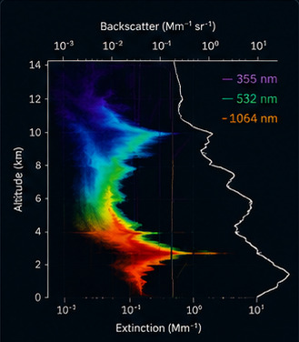A backscatter curtain beside a single extinction profile, at 355, 532 and 1064 nanometres.