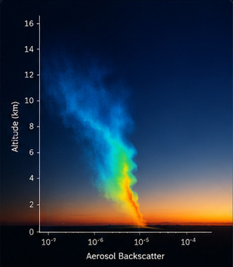 An aerosol backscatter plume plotted from the surface to sixteen kilometres over a dawn horizon.