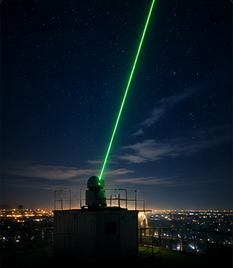 A ground lidar firing a green beam into the night sky above a lit city.