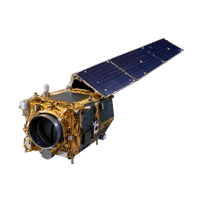 The Aeolus-2 spacecraft: a gold-wrapped bus with a large circular telescope aperture and one raised solar wing.
