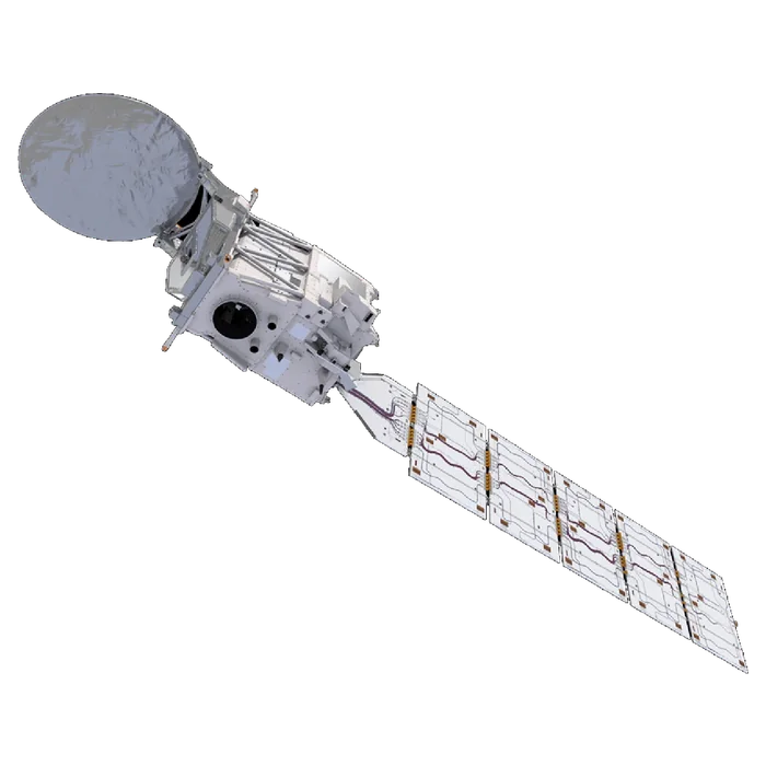 The EarthCARE spacecraft: a white bus carrying the cloud radar's dish antenna, with a five-panel solar wing trailing behind it.