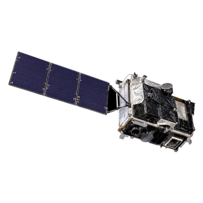 The Sentinel-3 spacecraft: a white and black bus with its instruments facing down and one long three-panel solar wing.