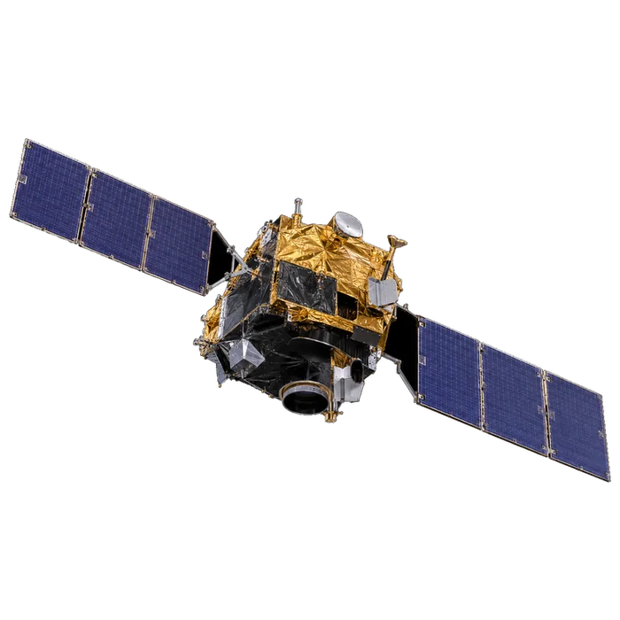 The Sentinel-4 sounder spacecraft: a gold and silver bus between two wide solar wings on booms.