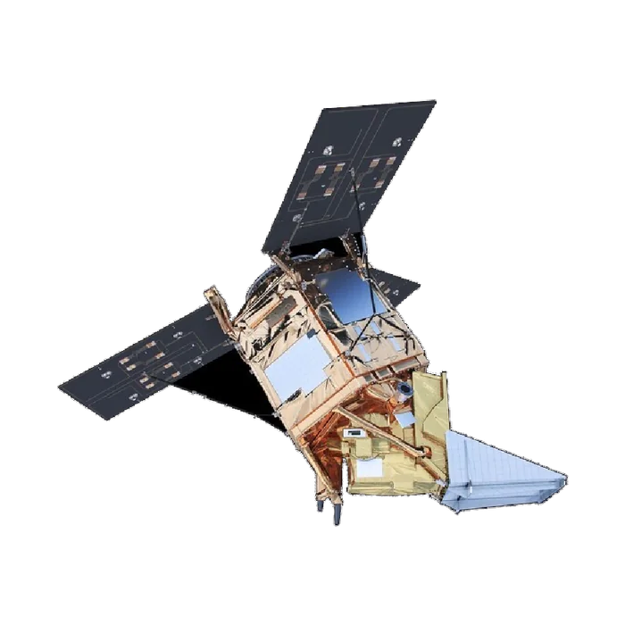The Sentinel-5P spacecraft: a copper-wrapped bus between two dark solar wings, with the TROPOMI radiator panel angled off its lower flank.